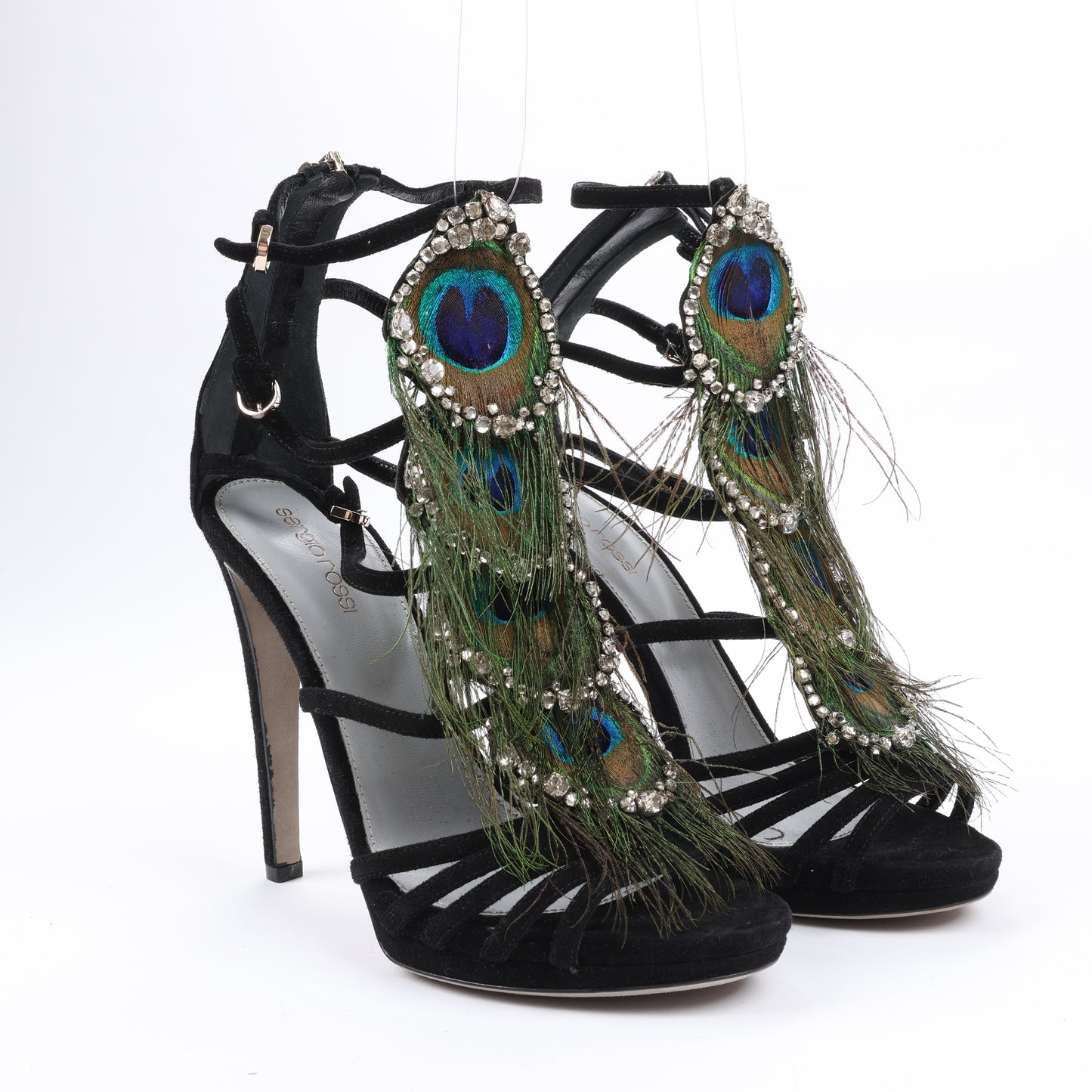 Sandales à plateforme Sergio Rossi en daim noir ornées de cristaux et de paon, taille 38 EU