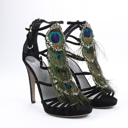 Sandales à plateforme Sergio Rossi en daim noir ornées de cristaux et de paon, taille 38 EU