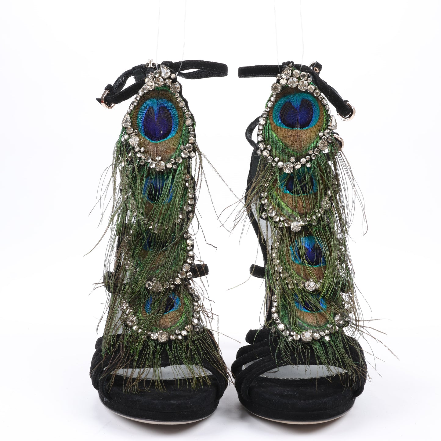 Sandales à plateforme Sergio Rossi en daim noir ornées de cristaux et de paon, taille 38 EU