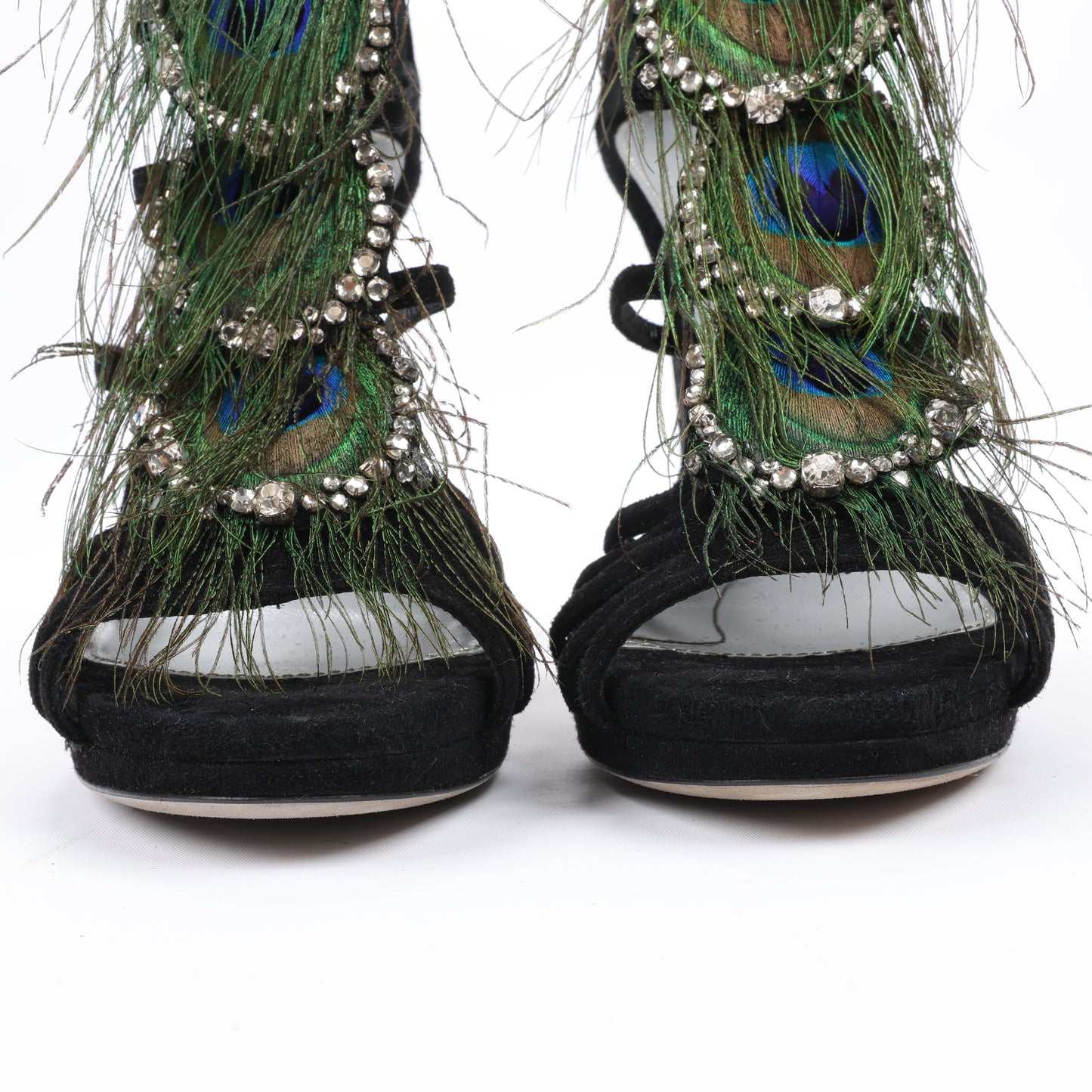 Sandales à plateforme Sergio Rossi en daim noir ornées de cristaux et de paon, taille 38 EU
