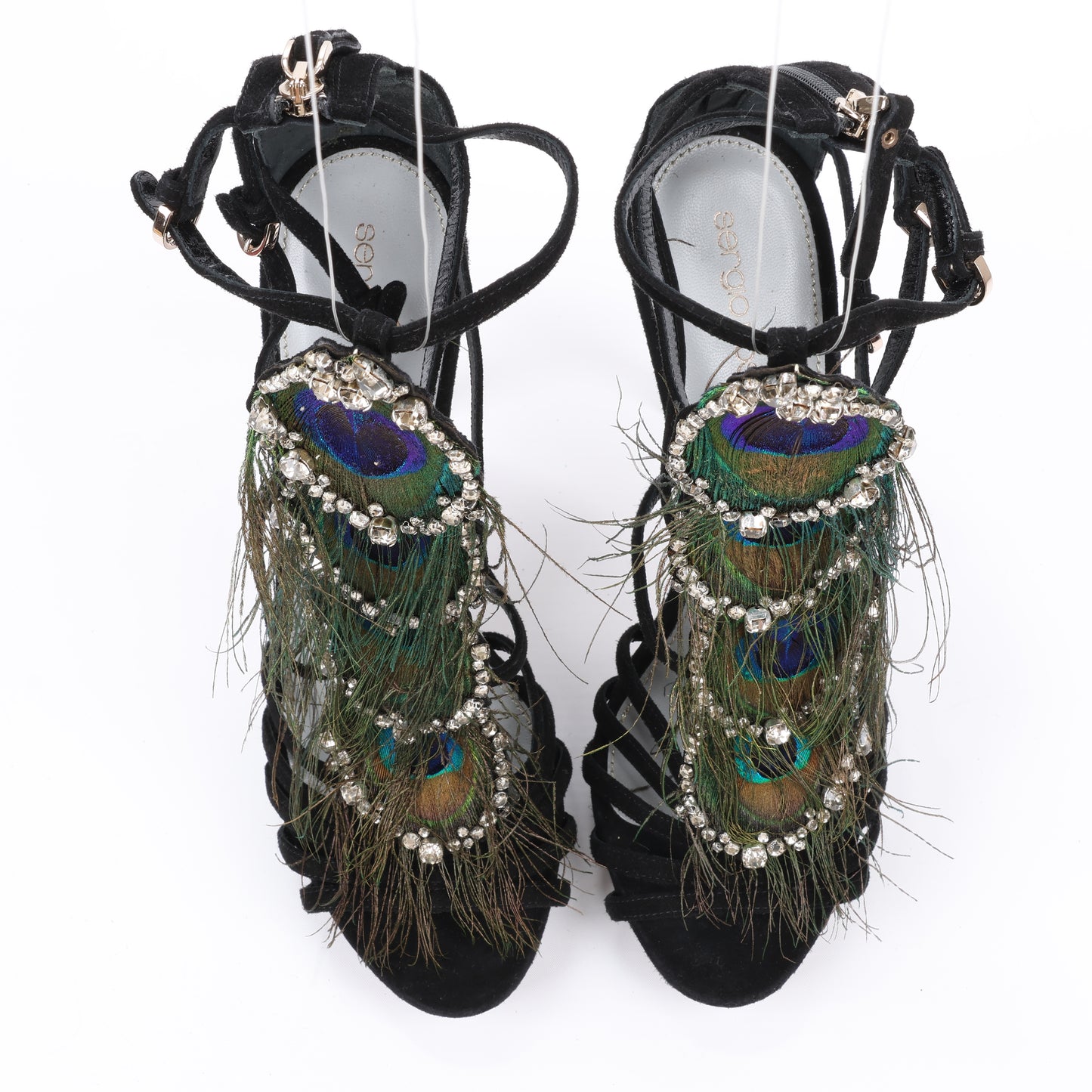 Sandales à plateforme Sergio Rossi en daim noir ornées de cristaux et de paon, taille 38 EU