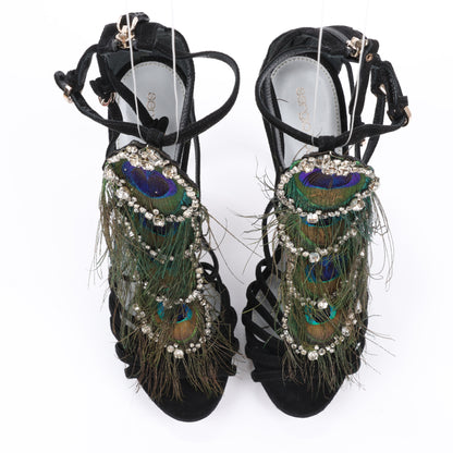Sandales à plateforme Sergio Rossi en daim noir ornées de cristaux et de paon, taille 38 EU
