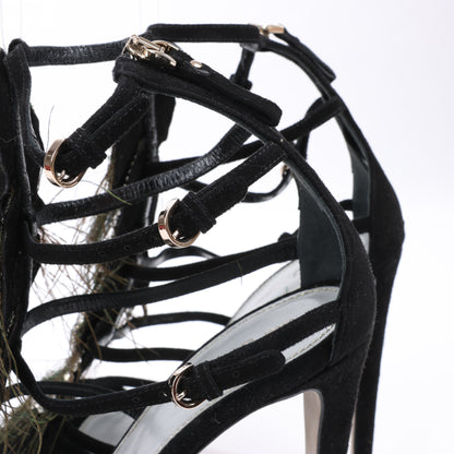 Sandales à plateforme Sergio Rossi en daim noir ornées de cristaux et de paon, taille 38 EU