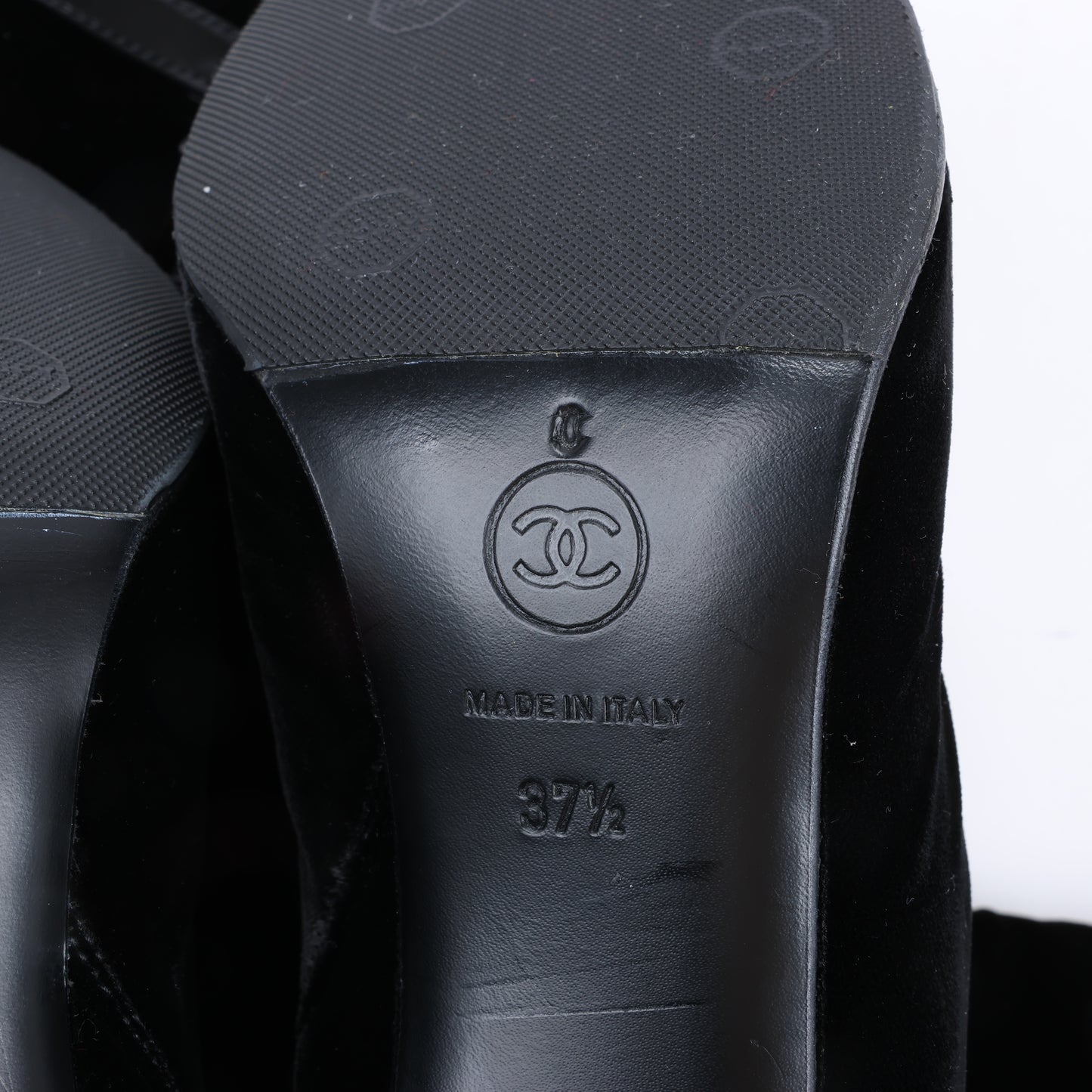 Chanel Coco Mark Velours-Stiefel in Schwarz, Größe 37,5 EU