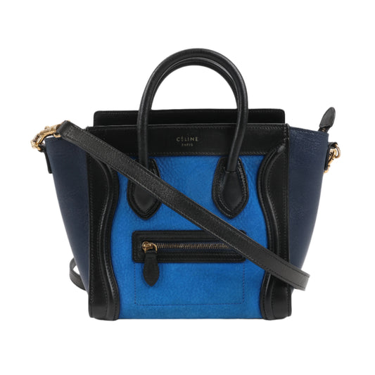 CELINE Nano Luggage Dreifarbige 2-Wege-Handtasche aus Kalbsleder in Blau x Schwarz