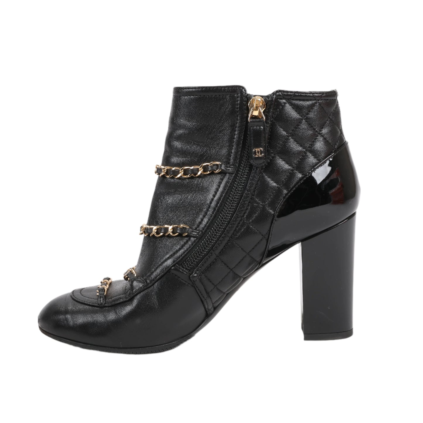 CHANEL Coco Mark Kurze Stiefel aus Matelassé-Leder und Lack in Schwarz G33028, Größe 38 EU