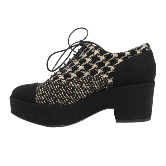 CHANEL Coco Tweed Felt Mark Leder x Stoff Stiefel G31378 in Schwarz x Beige, Größe 37 EU