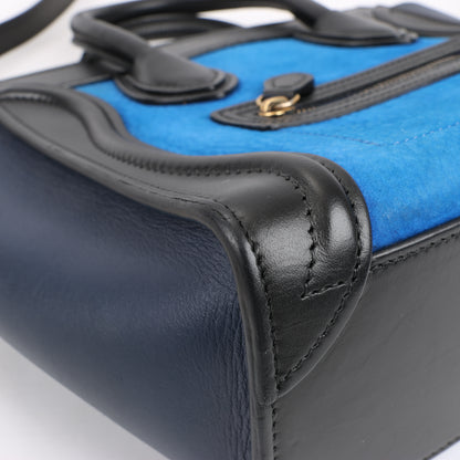 CELINE Nano Luggage Dreifarbige 2-Wege-Handtasche aus Kalbsleder in Blau x Schwarz