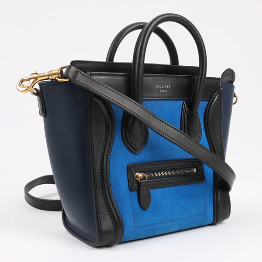 CELINE Nano Luggage Calfskin Tri-Color 2Way Handbag in Blue x Black