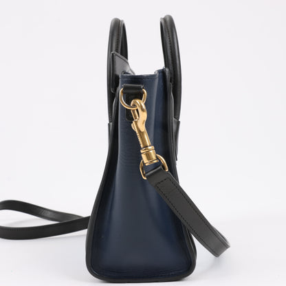 CELINE Nano Luggage Dreifarbige 2-Wege-Handtasche aus Kalbsleder in Blau x Schwarz