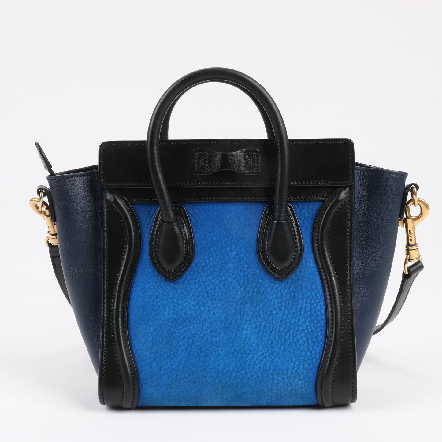 CELINE Nano Luggage Dreifarbige 2-Wege-Handtasche aus Kalbsleder in Blau x Schwarz