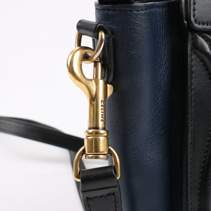 CELINE Nano Luggage Dreifarbige 2-Wege-Handtasche aus Kalbsleder in Blau x Schwarz