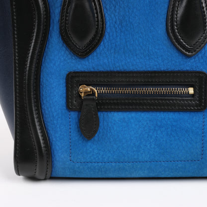 CELINE Nano Luggage Dreifarbige 2-Wege-Handtasche aus Kalbsleder in Blau x Schwarz