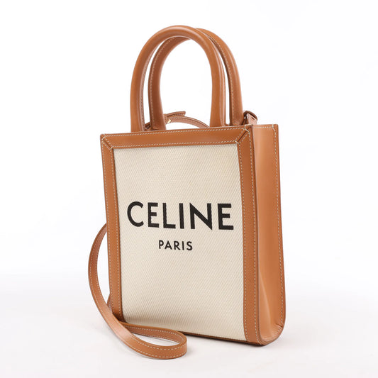 Celine Vertical  Mini Hippopotamus Canvas x Leather 2Way Handbag Beige x Brown