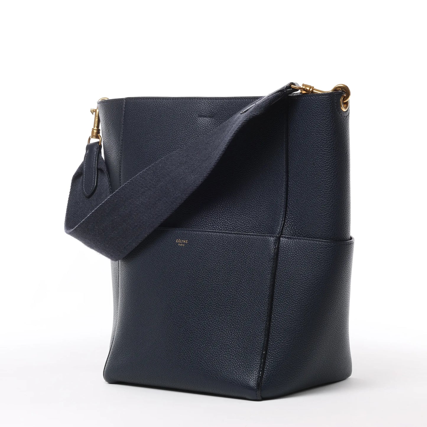 CELINE Seau Sangle Bucket-Schultertasche aus Leder in Marineblau