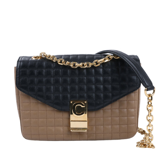 Celine C Sées Medium Leather Chain Shoulder Bag Black × Brown