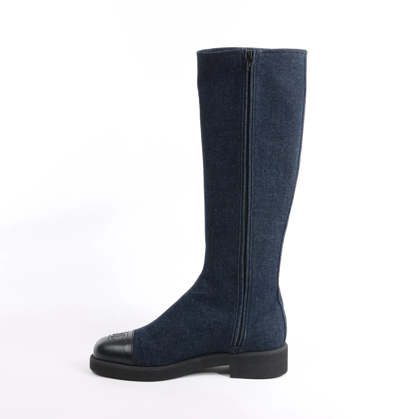 Chanel Coco Mark Denim Long Boots in Navy Blue, Size 37 EU
