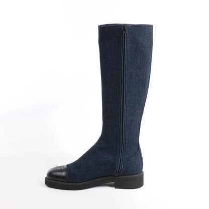 Chanel Coco Mark Denim Long Boots in Navy Blue, Size 37 EU