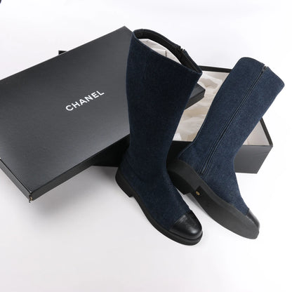 Chanel Coco Mark Denim Long Boots in Navy Blue, Size 37 EU