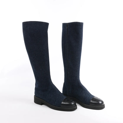 Chanel Coco Mark Denim Long Boots in Navy Blue, Size 37 EU