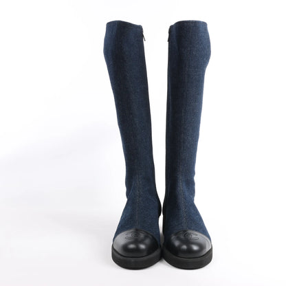 Chanel Coco Mark Denim Long Boots in Navy Blue, Size 37 EU