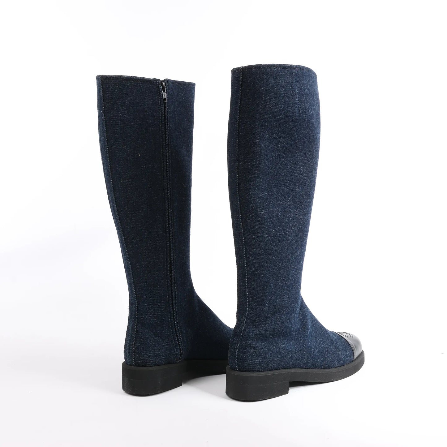 Chanel Coco Mark Denim Long Boots in Navy Blue, Size 37 EU