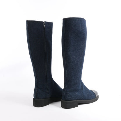 Chanel Coco Mark Denim Long Boots in Navy Blue, Size 37 EU