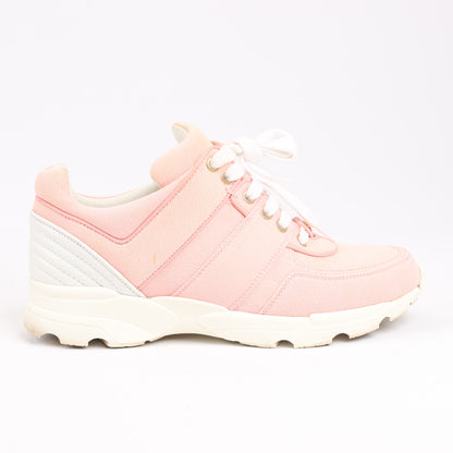 CHANEL Pink Canvas And White Leather CC Lace Up Sneakers, Size 38.5 EU