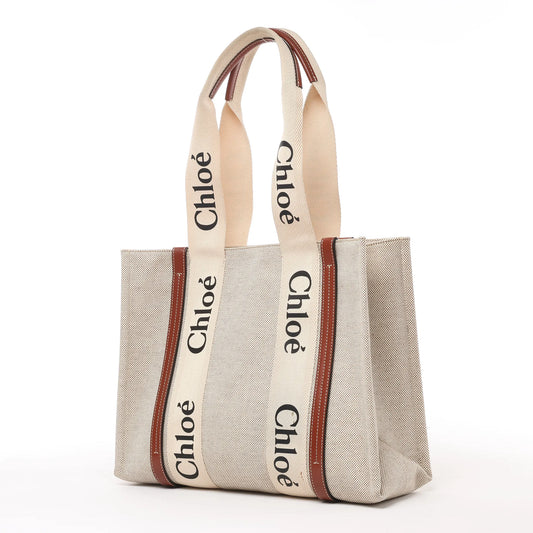 CHLOE Woody Medium Tote-Umhängetasche aus Canvas und Leder in Braun