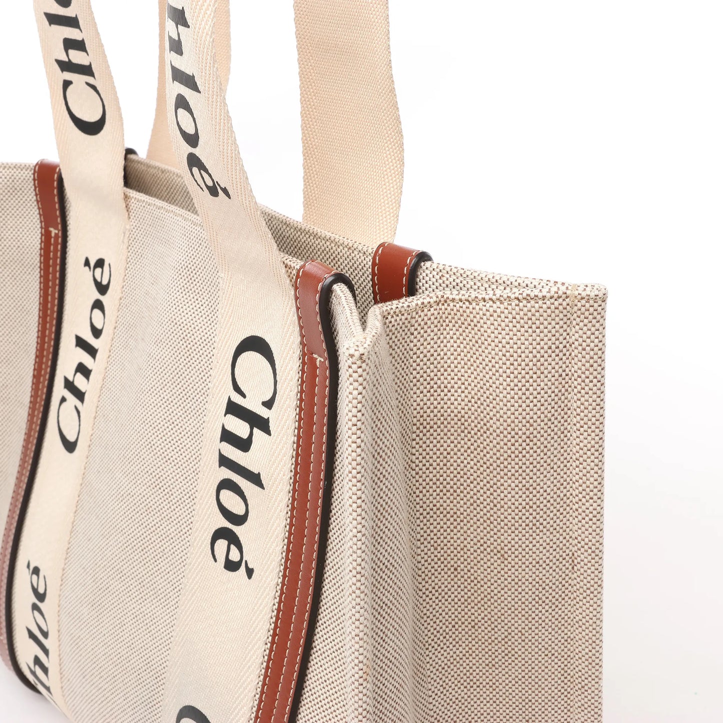 CHLOE Woody Medium Tote-Umhängetasche aus Canvas und Leder in Braun