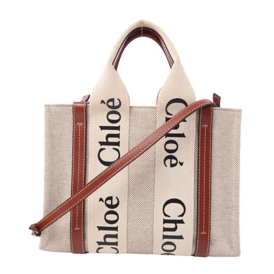 Chloé Woody Kleine 2-Wege-Handtasche aus Canvas und Leder in Beige x Braun