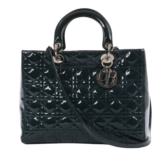 Christian Dior Lady Dior Large Cannage Patent Leather 2Way Handbag in Green