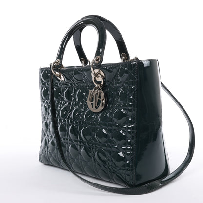 Christian Dior Lady Dior Large Cannage Patent Leather 2Way Handbag in Green