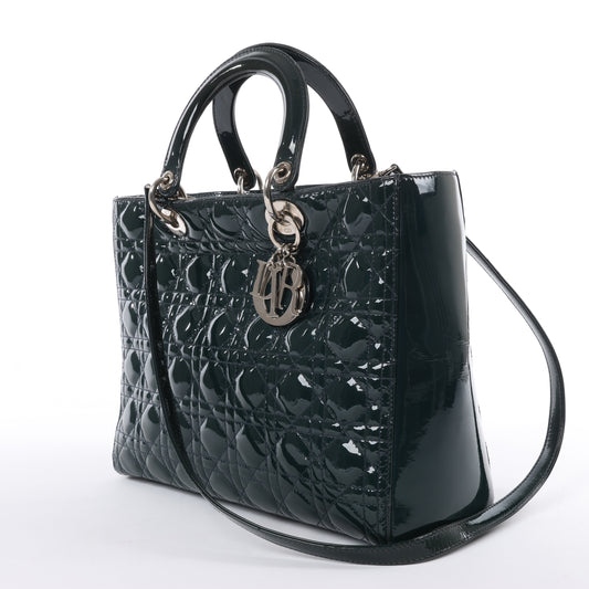 Christian Dior Lady Dior Large Cannage Patent Leather 2Way Handbag in Green