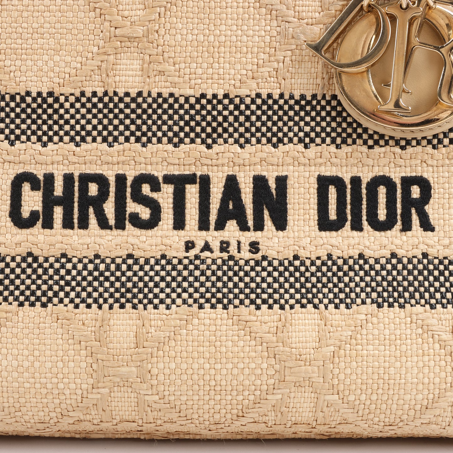 Christian Dior Lady D-Lite Raffia Woven Cannage Embroidered Medium 2Way Handtasche in Beige