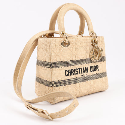 Christian Dior Lady D-Lite Raffia Woven Cannage Embroidered Medium 2Way Handtasche in Beige