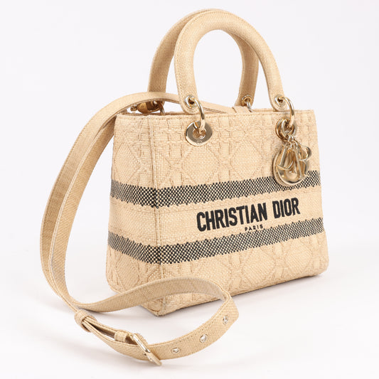 Christian Dior Lady D-Lite Raffia Woven Cannage Embroidered Medium 2Way Handtasche in Beige