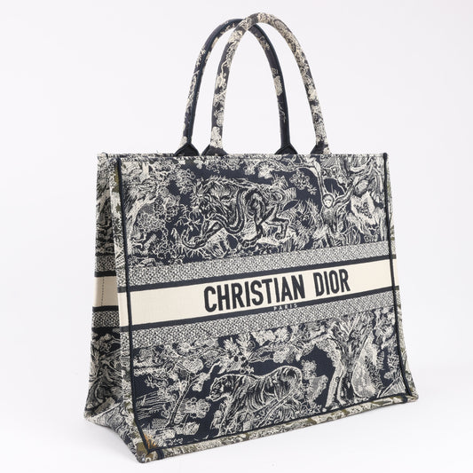 Christian Dior Toile Doo JUY Embroidery Book Große Canvas-Tragetasche in Marineblau