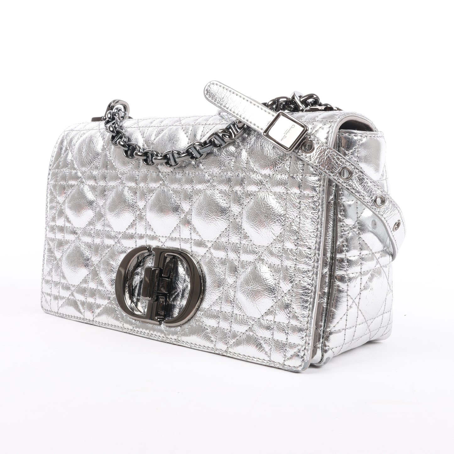 Christian Dior Caro Schultertasche aus Leder mit Kettenriemen in Metallic-Silber