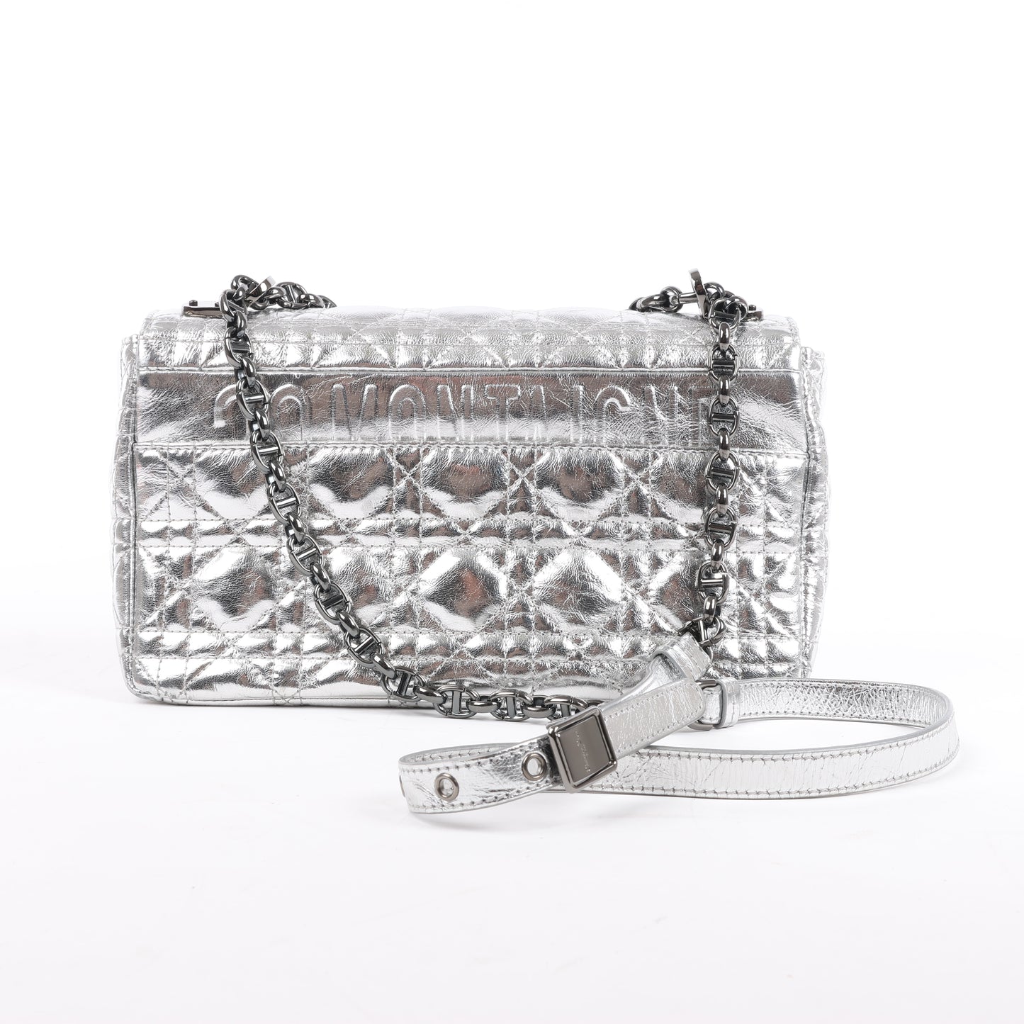 Christian Dior Caro Schultertasche aus Leder mit Kettenriemen in Metallic-Silber