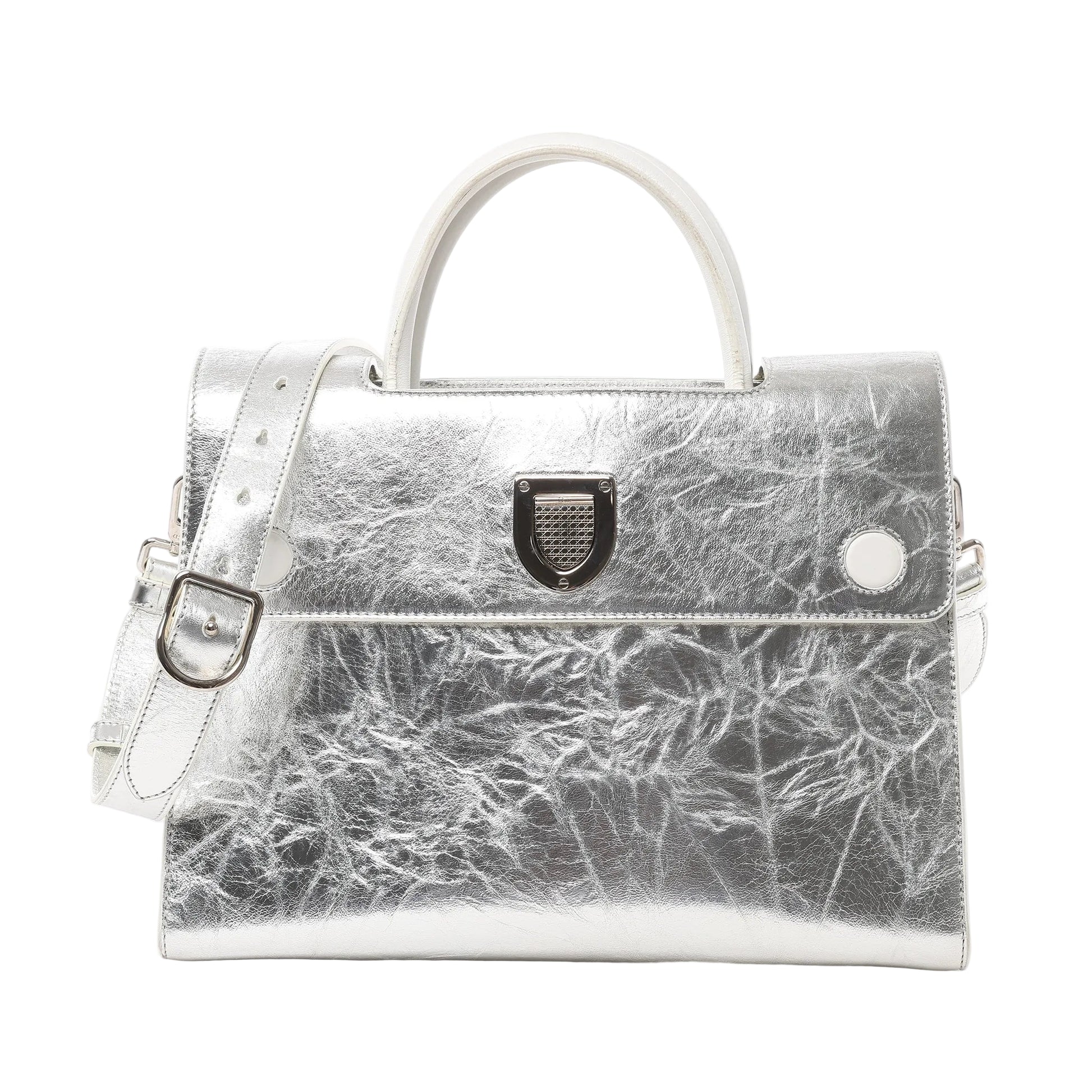 Front view of Christian Dior Diorever Medium Leather 2Way Handbag in metallic silver, featuring a structured design, top handle, detachable shoulder strap, and signature Dior clasp closure against a white background.