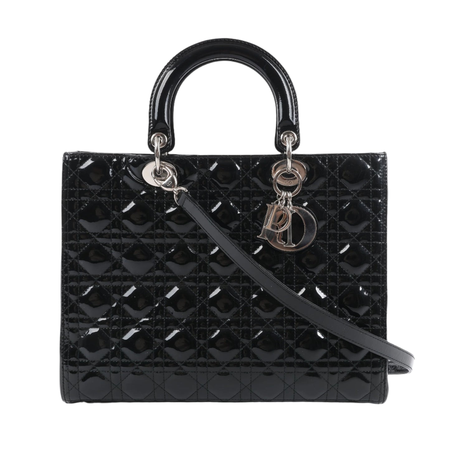 Christian Dior – Große Cannage-Handtasche aus Lackleder in Schwarz