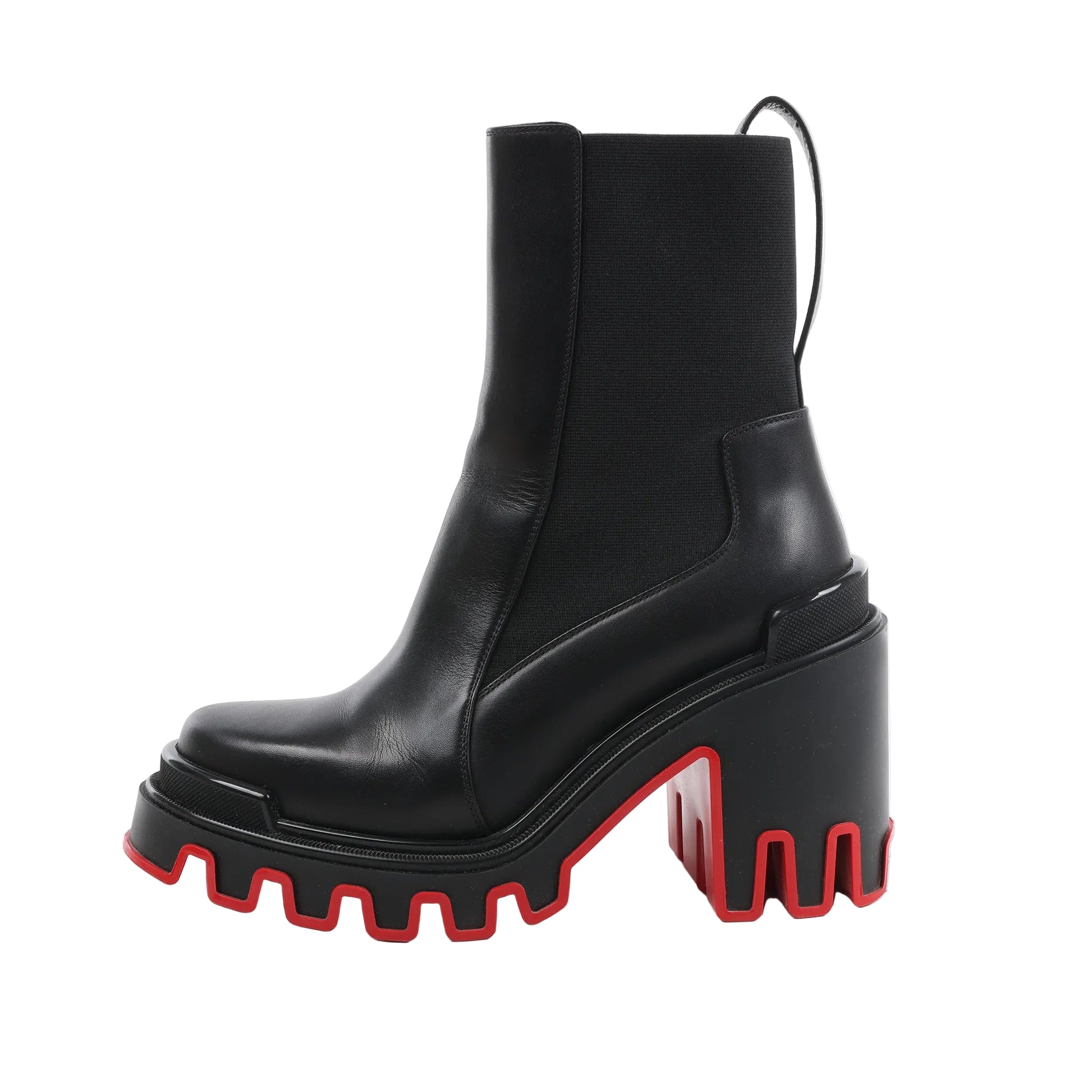 Christian Louboutin Marsha Cloche black leather ankle boots with elastic side panels, chunky high heel, and dramatic red lug sole, shown in a side profile on a white background.