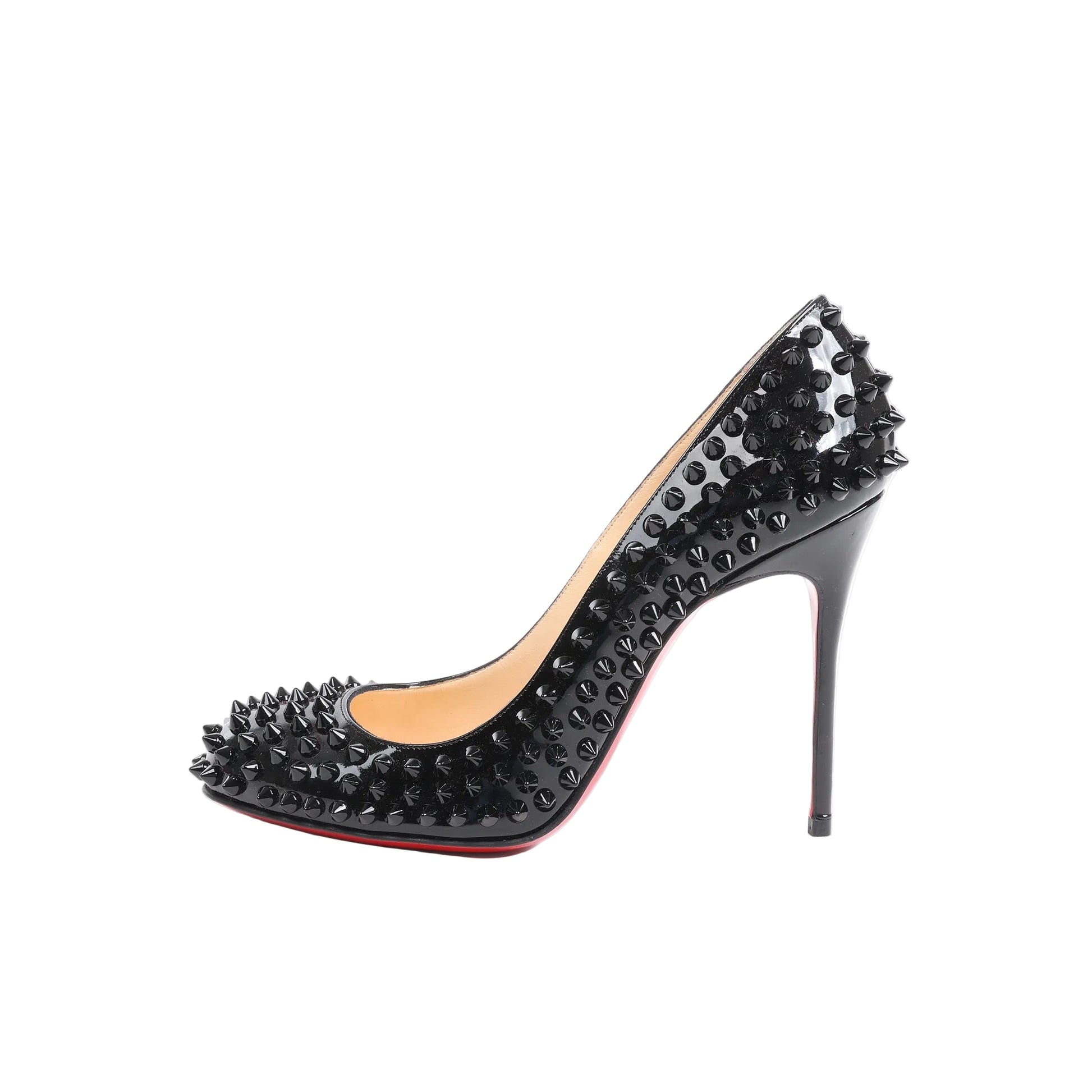 Christian Louboutin black patent leather pumps in size 38 EU, featuring high stiletto heels, pointed toes, and all-over black spike studs, with signature red soles and a sleek, glossy finish against a white background.