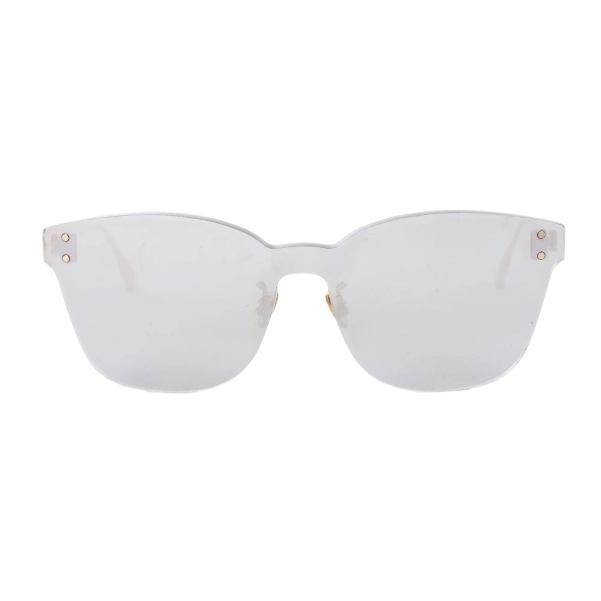 Front view of Dior Color Quake 2 Sunglasses in silver with oversized mirrored lenses, rimless design, and small metal rivets at the temples, displayed against a white background.