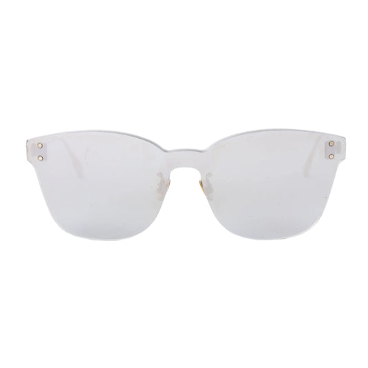 Front view of Dior Color Quake 2 Sunglasses in silver with oversized mirrored lenses, rimless design, and small metal rivets at the temples, displayed against a white background.