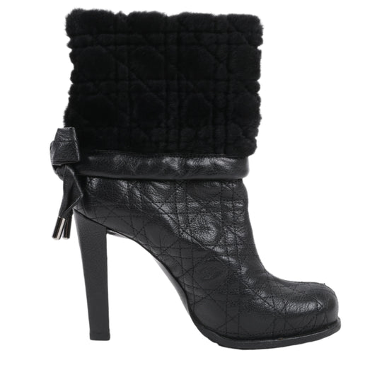 Dior Black Leather Cannage Ice Fur Cuffed Boots, Size 40 EU