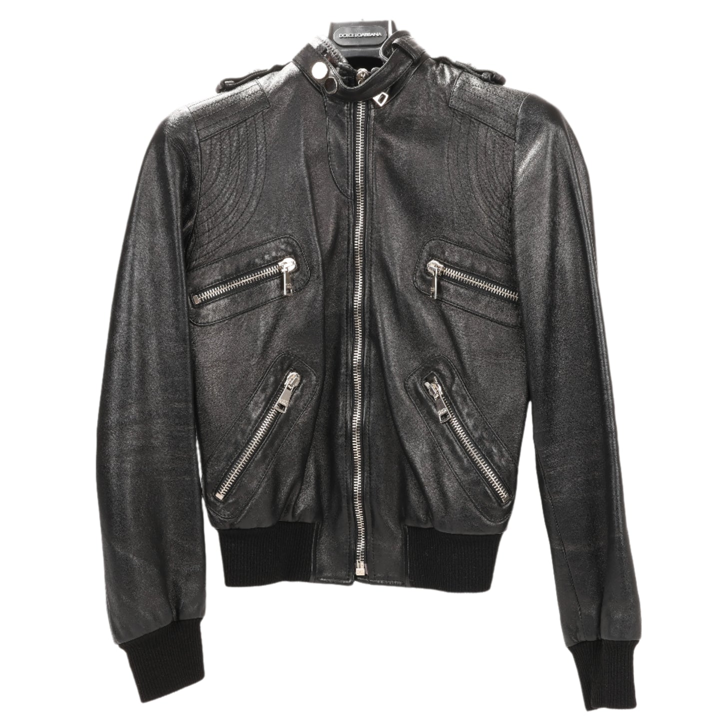 Dolce &amp; Gabbana – Bikerjacke aus schwarzem Leder und Leopardenmuster, Größe 38