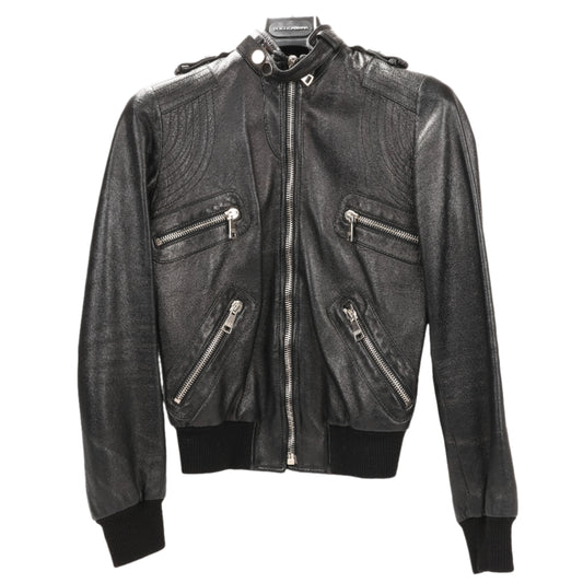 Dolce &amp; Gabbana – Bikerjacke aus schwarzem Leder und Leopardenmuster, Größe 38