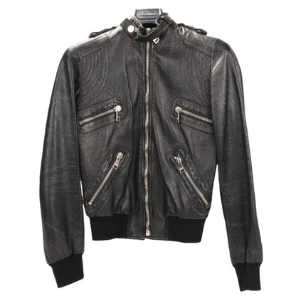 Dolce &amp; Gabbana – Bikerjacke aus schwarzem Leder und Leopardenmuster, Größe 38